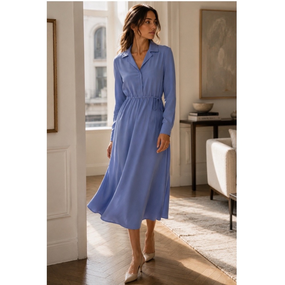 NWOT Theory Matte Twill Drawstring Midi Shirt Dress Long Sleeve Blue 6